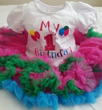 Girls 1st Birthday Outfit, Pink Green Blue Ruffle Tutu Dress Balloons Size Small