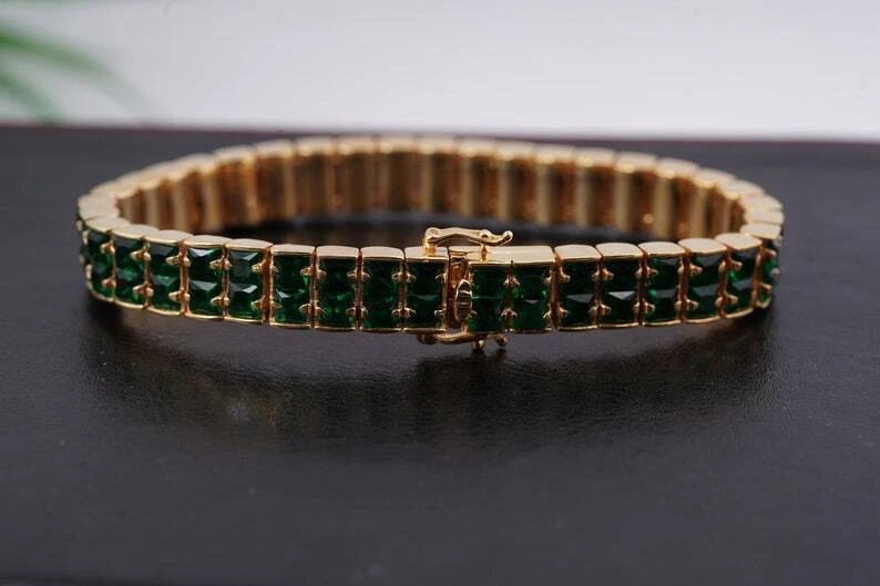 14K Yellow Gold Plated Princess Cut Lab Created Emerald Women's Bracelet - Image 2 of 4