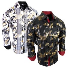 Mens Shirt Italian Stripe Florals Shiny Gold Bronze Foil Button Up Silky Stretch