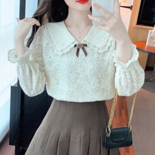 Damen Spitze Blumen Bluse Top Lolita Hemd Puffärmel Rüschen Schleife Pullover