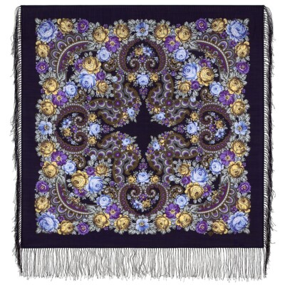 Midday Blue Pavlov Posad Wool Shawl with Silk Fringe 35x35'' Russian Shawl 206-14