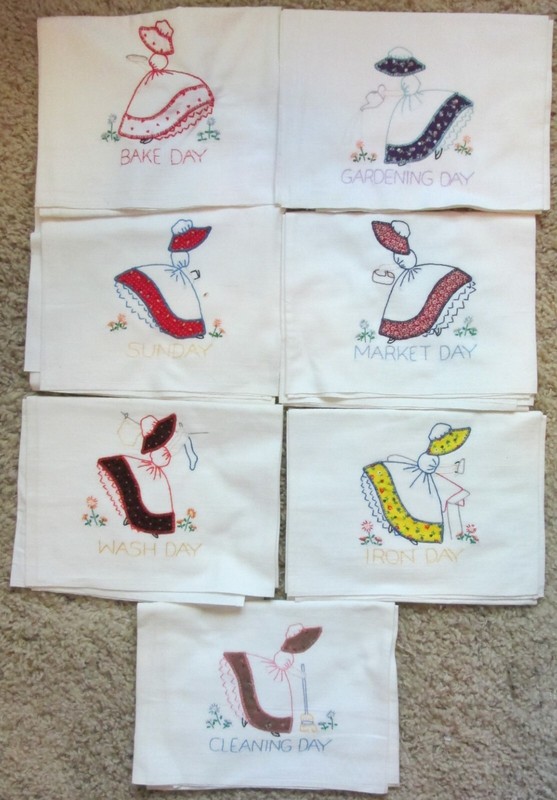 (7) Vintage Hand Embroidered Flour Sack Dish Towels Weekly Chores Set
