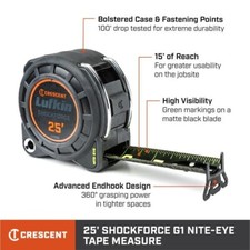 Crescent Lufkin 1-3/16" x 25' Shockforce Nite Eye G1 Dual Sided Tape Measure ...