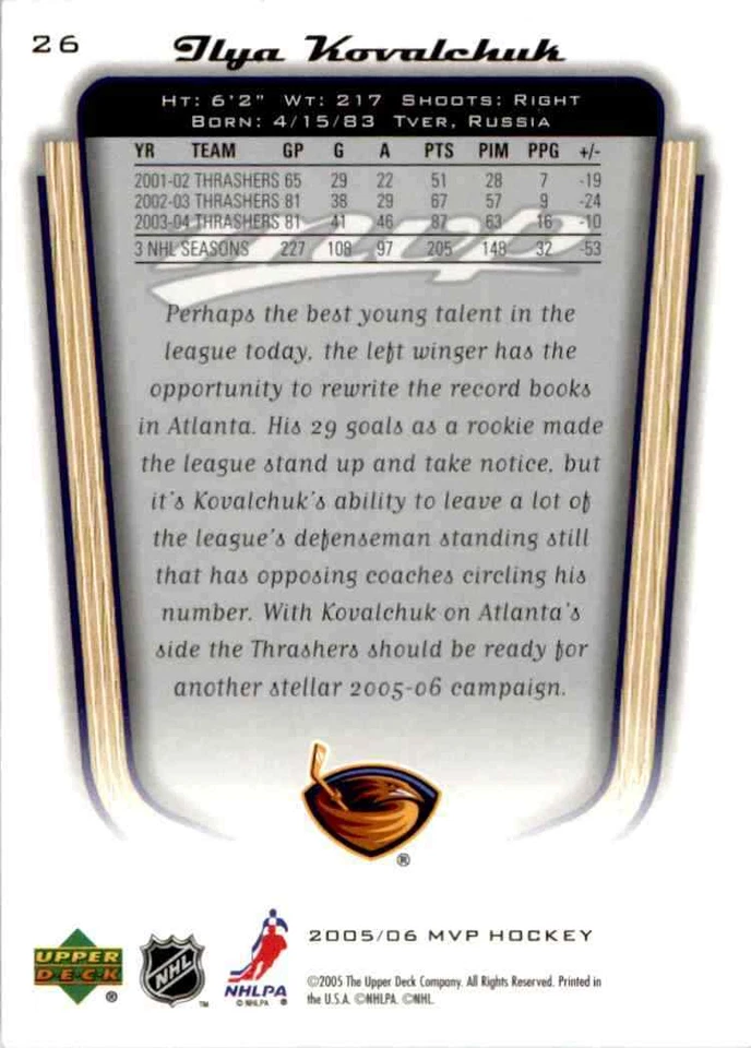 2005-06 Upper Deck MVP Ilya Kovalchuk #26 - Image 2 of 2