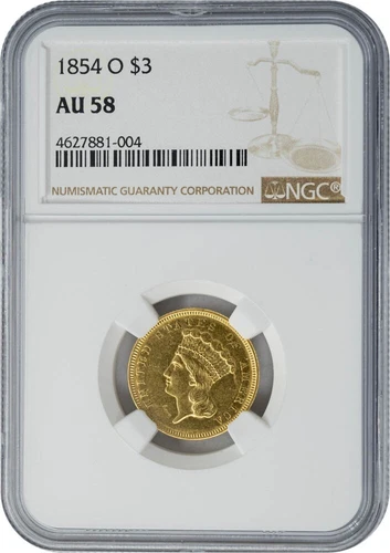 1854-O $3 Gold Indian AU58 NGC 950164-2
