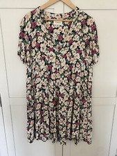 Lovely Ganni Pink & Green Floral Floaty Short Tiered Dress Size M With Pockets