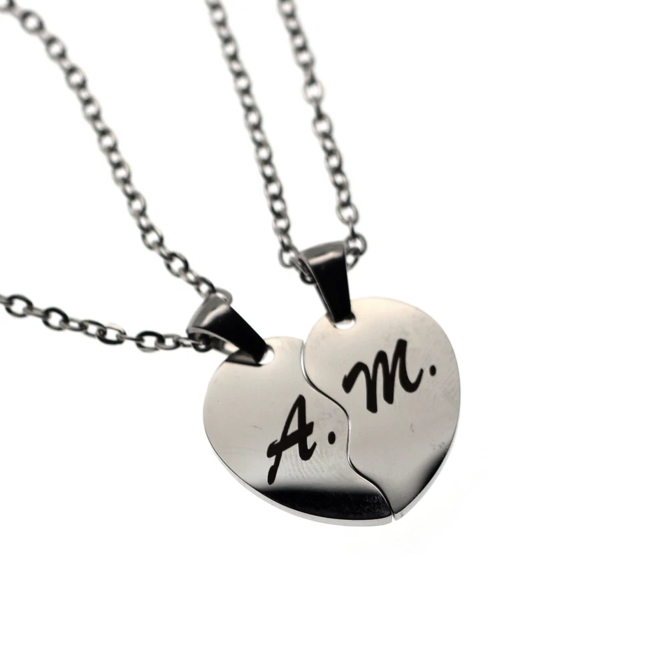 due collane lui lei cuore spezzato 2 girocollo ciondoli incisione gratis acciaio - Immagine 2 di 4