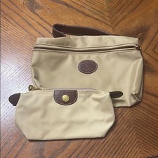 VTG Longchamp Cream and Brown Cosmetic Bag Set with Leather Accents