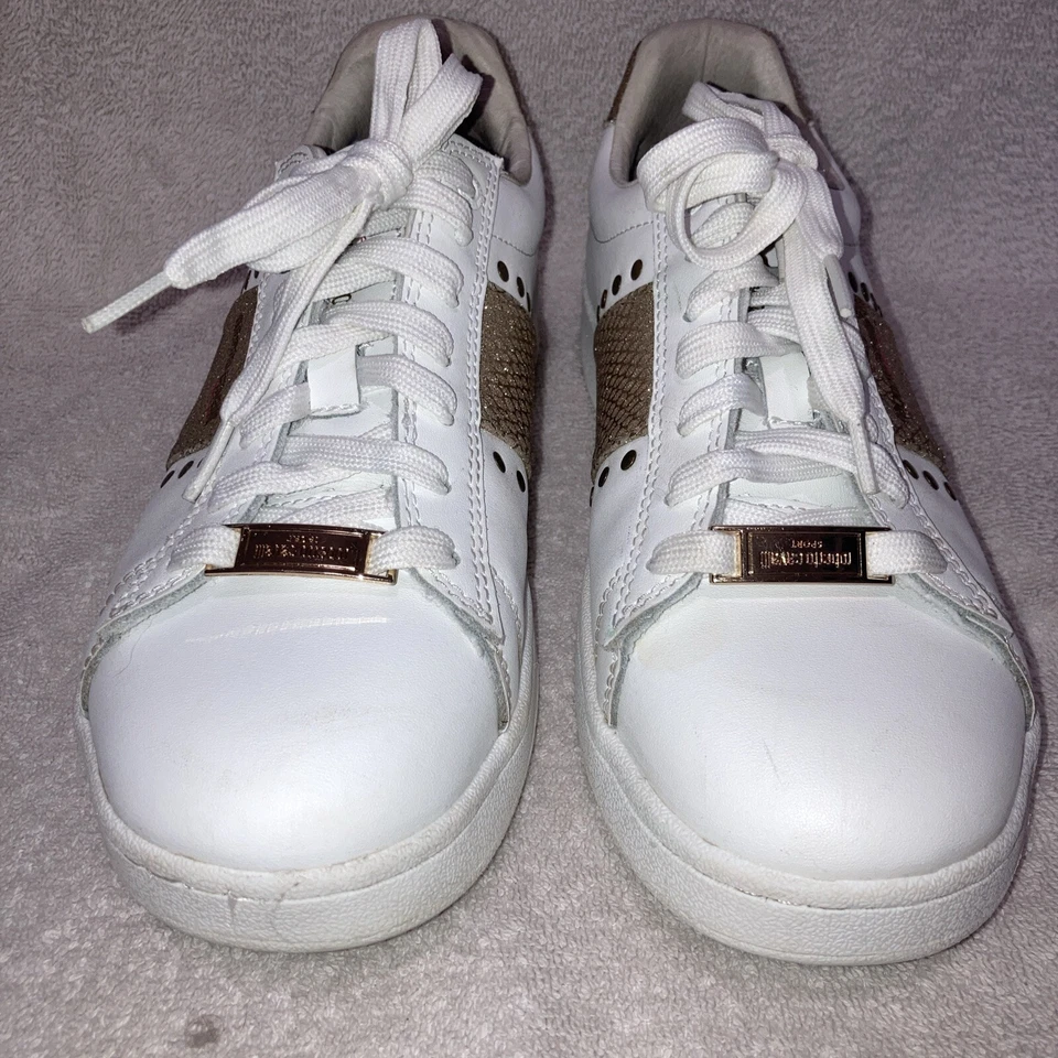 Robert Cavalli Sport White Leather Glitter Snakeprint Studded Sneakers Sz 7.5W - Image 2 of 4