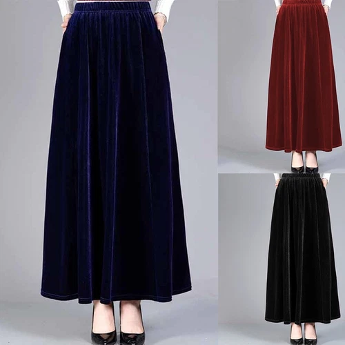 Eleganter langer Damen Samtrock mit hoher Taille und stilvoller Aline Form - Bild 4 von 42