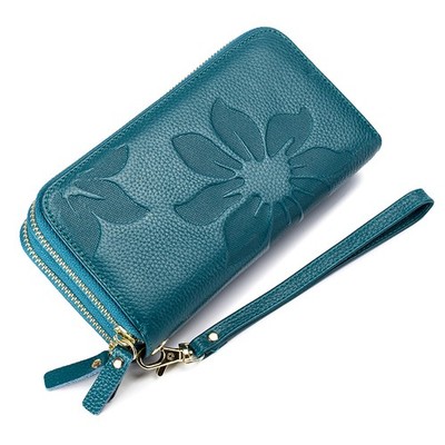 Genuine Leather Women's Wallet RFID Large Capacity Double Zip Card Phone Holder