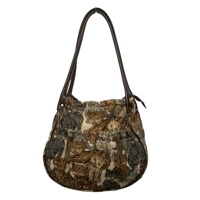 Vintage Style Cat Tapestry Shoulder Bag Brown Faux Leather Novelty