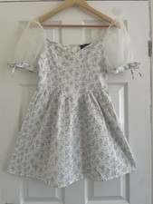 Cider White Blue Floral Mini Dress XS Puff Sleeve Cottagecore Lace Coquette
