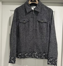 Coldwater Creek Black Tweed Lace Trim Zip Up Jacket Women s Size Medium M Rayon