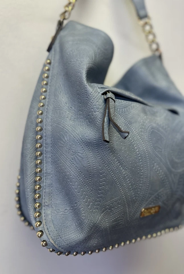 Jessica Simpson Tooled Studded Hobo Bag Blue Purse Handbag Metal Hardware - Image 2 of 4