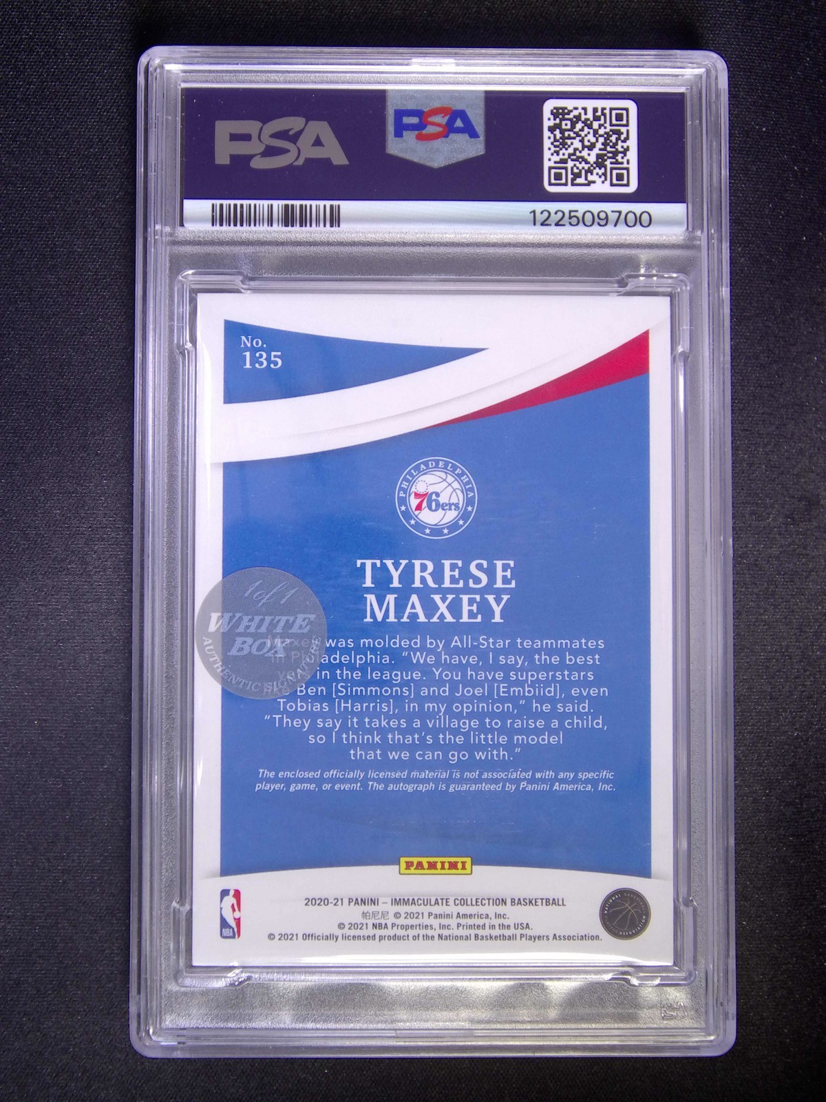 White Box 1/1 2020-21 Immaculate Tyrese Maxey #135 Rookie Patch RPA PSA Auto 10 view 2