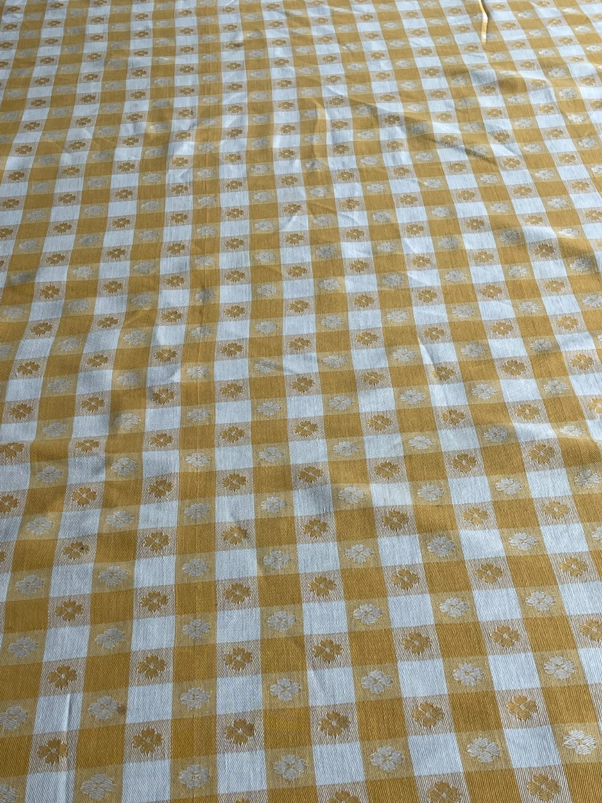 Vintage Yellow Gingham Floral Tablecloth 67.5" x 54" Cottage Farmhouse Picnic