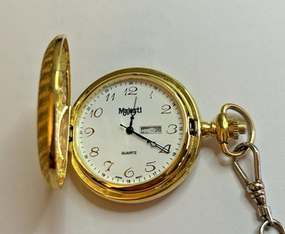 Majestic Goldtone Date Pocket Watch 14'' Chain Textured Case