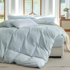 Blue Striped Duvet Cover Set King Size 100 Washed Cotton Linen Feel Bedding Set