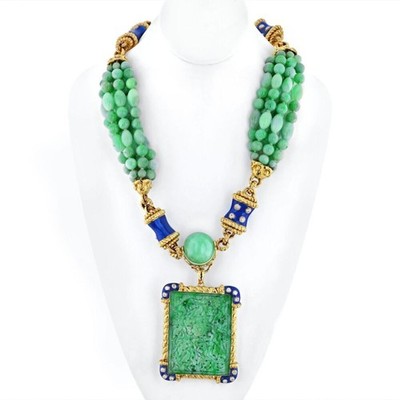 David Webb Halskette Jade Platin & 18K Gelbgold Jade, Diamant, blaue Emaille
