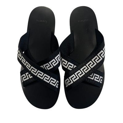 13-83 VERSACE Men's NWOT Nastro Greca Logo Strap Sandals Black Size 43/9.5-10