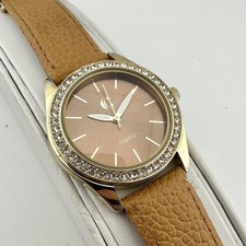 Womens Watch 39mm Brown Dial Gold Tone Round Case Brown Faux Leather Strap