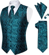 Mens Paisley Silk Vest Tie Pocket Square Cufflinks Set for Wedding Party Formal