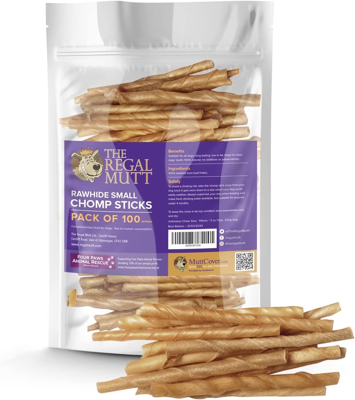 The Regal Mutt - Rawhide Chomp Sticks - Pack of 100 100 count (Pack 1)
