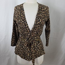 Cache Leopard Print Gold Sparkle Wrap Top Shirt Blouse Womens M Glam Mob Wife