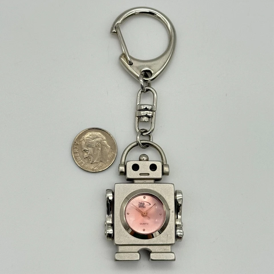 Silver Tone WHY ME Robot Moving Arms Quartz Keychain Watch, Pink Dial, Works - Image 3 of 4