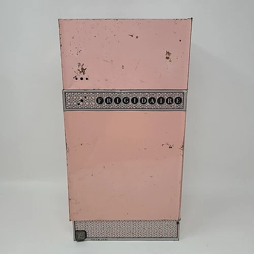 Childs Vintage 1950s Toy Pink Tin Metal Refrigerator Kitchen by Wolverine USA