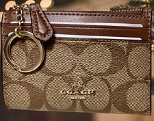 Coach NWT Unisex Card Holder/Keychain Monogram C  s Brown Tan ID Window Zip Top