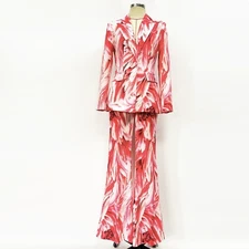 Occident Women's 2pcs Sets Feather Print Suit Jackets Flared Trousers Pants Slim