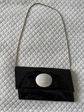 Vintage-Inspired Black Patent Clutch with Mother of Pearl Accent