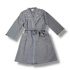 Miss Elaine Short Robe Seersucker Belted Pockets Navy White Preppy Size Medium