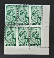 MALTE 1949 KGVI mariage en argent SG 249. Scott 223 1d plaque verte #1 bloc MNH
