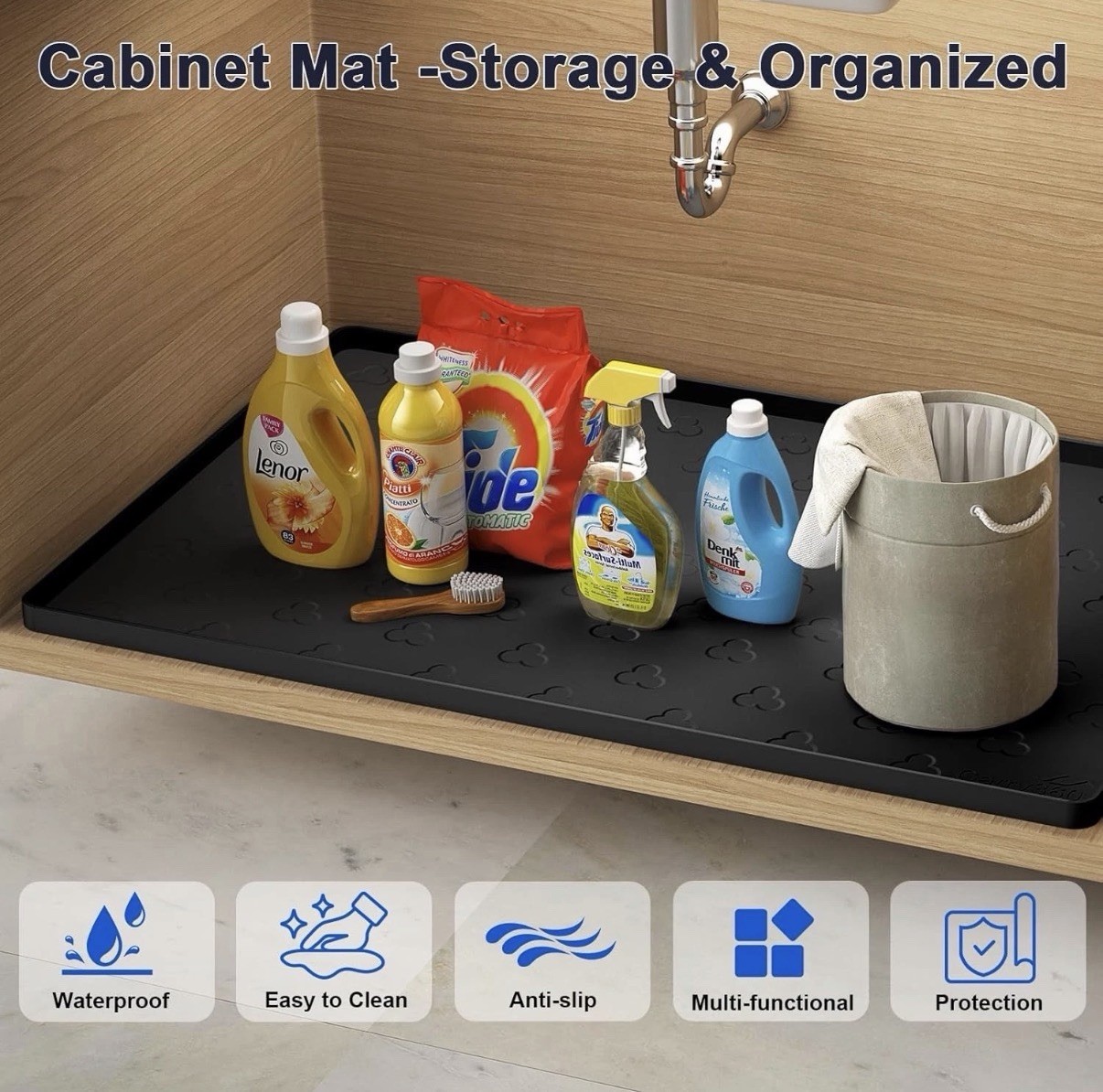 Under Sink Mat 34" x 22" Waterproof Kitchen Cabinet Mat, Black Silicone Heavy