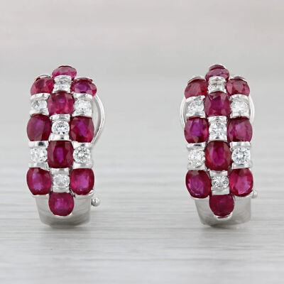 Oval Cut Lab-Created Ruby 14K White Gold Plated Omega Back Hoop Earrings