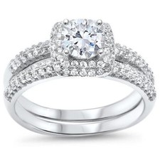 Halo Round Cubic Zirconia Wedding Bridal Set .925 Sterling Silver Ring