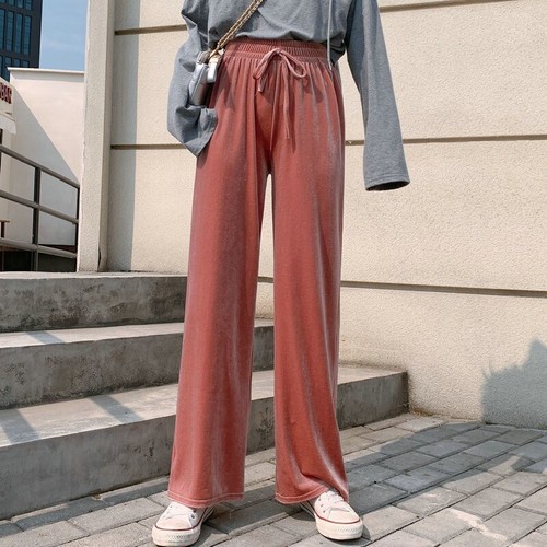 Donna Velluto Pantaloni Gamba Larga Palazzo Coulisse Elastico Vita Sala  Morbido | eBay