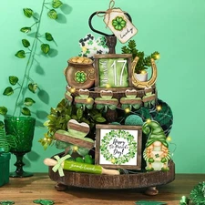 FairySandy 15 Piece St. Patrick's Day Tiered Tray Decor Set Green Shamrock Gnome