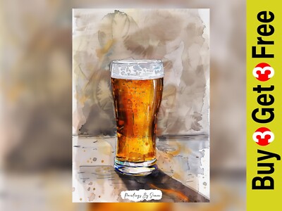 Erfrischendes Bier im Glas, Aquarell Gemälde Druck 5''x7'' auf mattem Papier