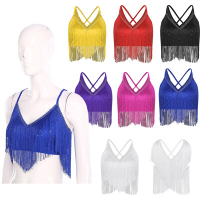 US Women Crop Top Sleeveless Tops Sexy Dancewear Back Latin Samba Salsa V-Neck