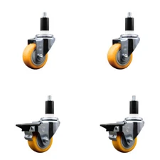 3 Inch Yellow Poly Wheel Swivel 1-3/8 Inch Expanding Stem Caster Set 2 Brakes