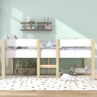 Bett Kinderbett Mit Rausfallschutz, Kiefer-Vollholz-90X200 Cm-Weiß & Eiche