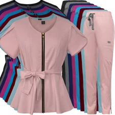 8 Color Stretch Nurse Spa Uniform Women Scrub Set Short Sleeve Tapered Pants