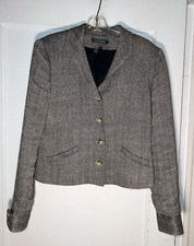 Lauren Ralph Lauren Blazer Black Tan Herringbone Tweed Linen Silk Sz 8 d594