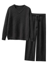 Lounge Sets for Women Fuzzy Fleece Pajama Sets 2 Piece Outfits Medium Black