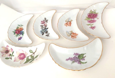 Vintage Chadwick CMI Inc Crescent Bone Dish With Floral Design. Set Of 6
