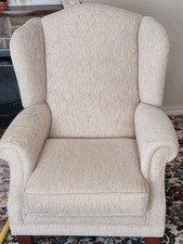 Traditional Beige Fabric Wingback Armchair Brown Frame 80x80cm H110cm Used